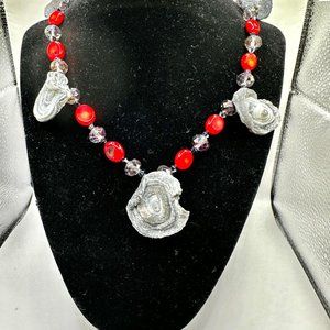 Lava Medallion Pendant and Red Coral Beaded Necklace w/Crystal Beads 17"